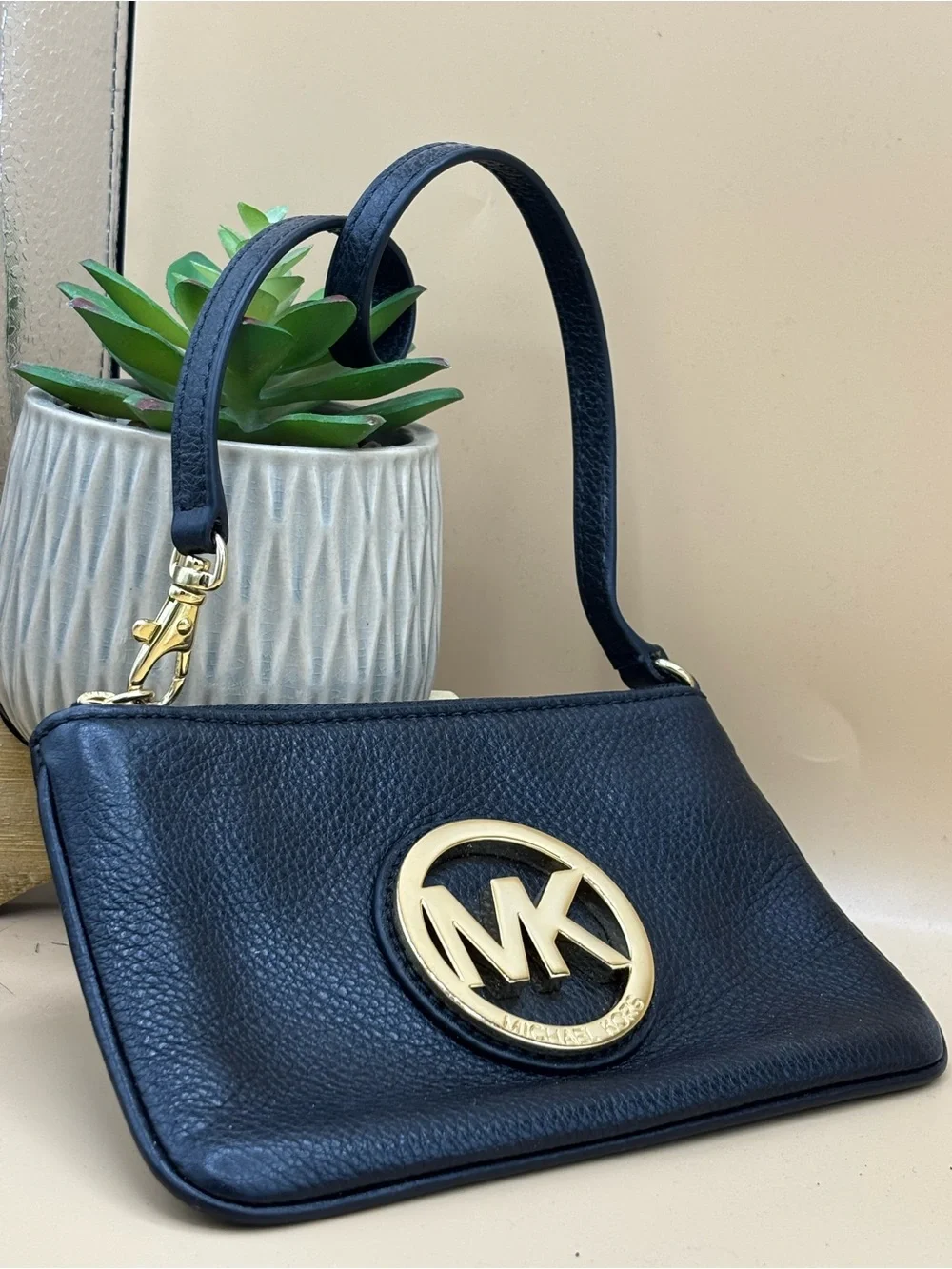 Michael Kors Black Pebbled Leather Wristlet with Gold MK Emblem